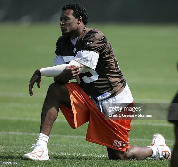 Willie McGinest of the Cleveland Browns warms up during mini camp at the Cleveland Browns Training and Administrative Complex on June 16, 2006 in...