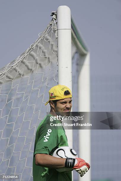 Julio Cesar of Brazil waits by the goal posts during the training session and press conference of the Brazilian National Team for the FIFA World Cup...