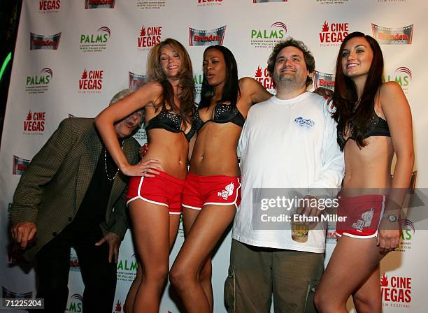 Actor Seymour Cassel and actor/writer Artie Lange pose with models Kate Holster, Trisha Thompson and Andrea Tiede wearing the Star-cup bra as they...