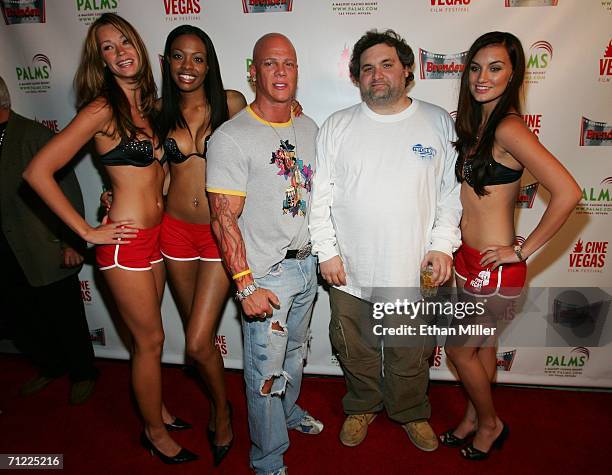 Actor/writer Artie Lange and President and CEO of the Brenden Theater Corporation Johnny Brenden pose with models Kate Holster, Trisha Thompson and...