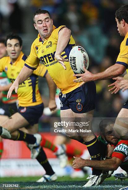 Mark Riddell of the Eels offloads during the round 15 NRL match between the Parramatta Eels and the South Sydney Rabbitohs played at Parramatta...