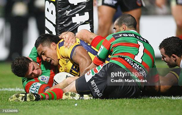Fuifui Moimoi of the Eels crashes over for a try during the round 15 NRL match between the Parramatta Eels and the South Sydney Rabbitohs played at...