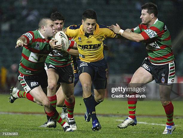 Jarryd Hayne of the Eels makes a break during the round 15 NRL match between the Parramatta Eels and the South Sydney Rabbitohs at Parramatta Stadium...