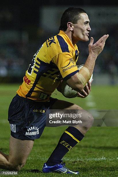 Marsh of the Eels blows a kiss after scoring a try during the round 15 NRL match between the Parramatta Eels and the South Sydney Rabbitohs at...