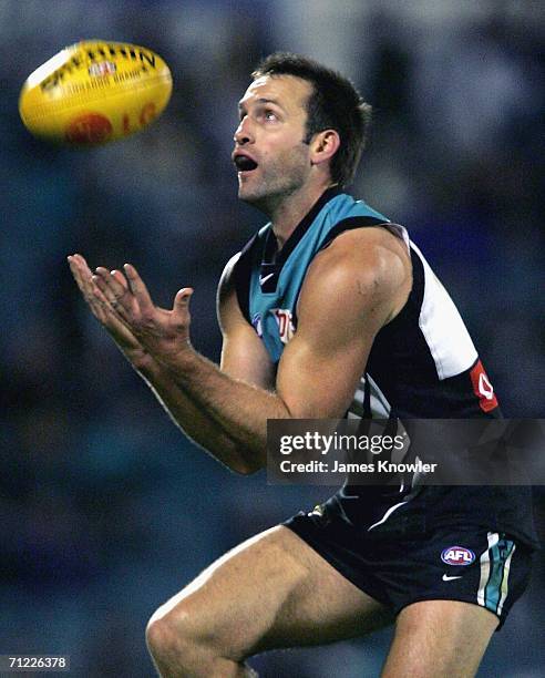 Darryl Wakelin of Port marks the ball during the round 12 AFL match between the Port Adelaide Power and the West Coast Eagles at AAMI Stadium on June...