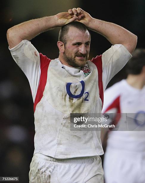 George Chuter of England shows his frustration after being defeated by the Wallabies during the second Cook Cup match between the Australian...