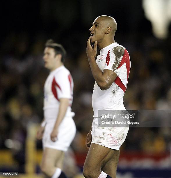 Tom Varndell, the England wing looks dejected during the second Cook Cup match between the Australian Wallabies and England played at the Telstra...
