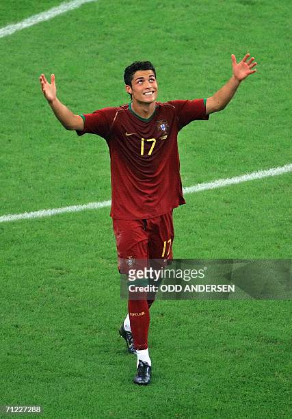 Frankfurt am Main, GERMANY: Portuguese forward Cristiano Ronaldo celebrates after scoring a goal during the World Cup 2006 group D football game...