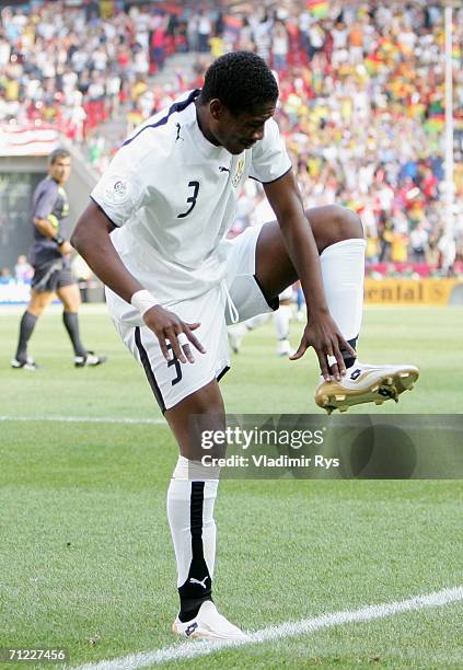 Asamoah Gyan of Ghana celebrates scoring the first goal of the game during the FIFA World Cup Germany 2006 Group E match between Czech Republic and...