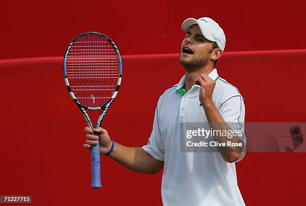 Andy Roddick of the United States looks dejected against James Blake of the United States during Day 6 of the Stella Artois Championships at Queen's...