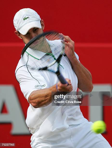 Andy Roddick of the United States in action against James Blake of the United States during Day 6 of the Stella Artois Championships at Queen's Club...