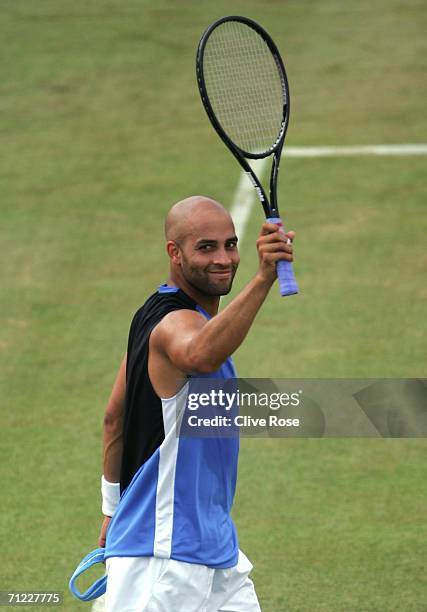 James Blake of the United States celebrates victory against Andy Roddick of the United States during Day 6 of the Stella Artois Championships at...