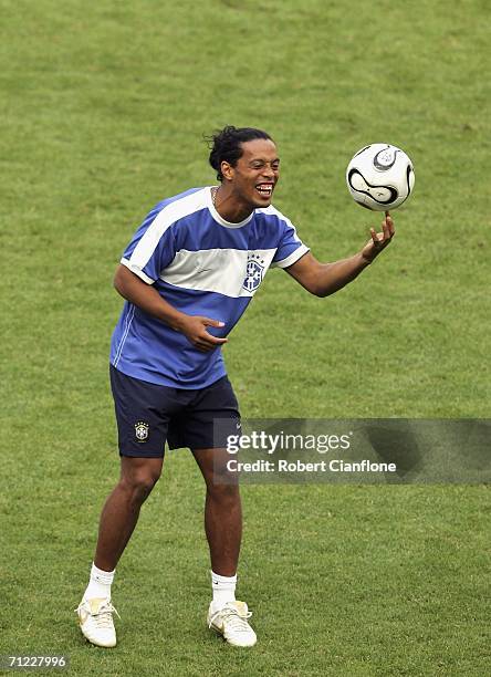 Ronaldinho of Brazil in action during the Brazil training session at the Stadium Munich June 17, 2006 in Munich, Germany.