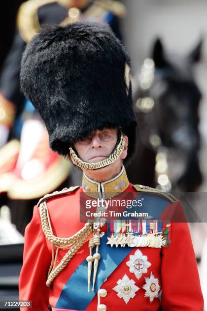Prince Philip, Duke of Edinburgh wears a traditional bearskin hat and guardsman uniform at Trooping the Colour on June 17, 2006 in London, England.