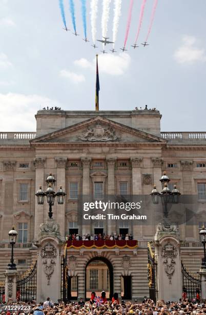 Members of the Royal Family gather on the balcony of Buckingham Palace to watch the RAF flypast for Trooping the Colour celebrations on June 17, 2006...