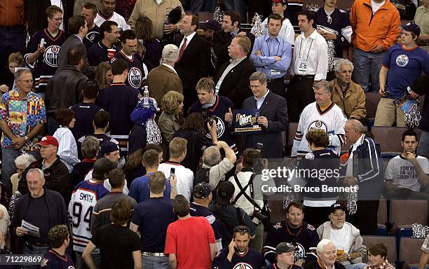 Canadien Prime Minister Stephen Harper arrives to game six of the 2006 NHL Stanley Cup Finals between the Edmonton Oilers and the Carolina...