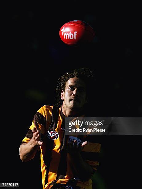 Mark Williams of the Hawks in action during the round 12 AFL match between the Hawthorn Hawks and the Richmond Tigers at Aurora Stadium on June 18,...