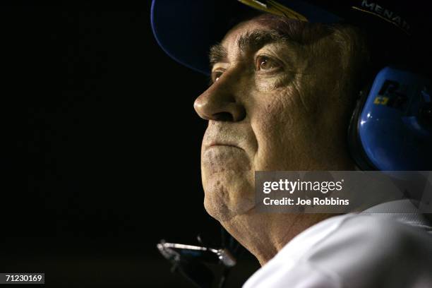 John Menard, owner of the Menards/Moen Chevrolet, driven by his son Paul Menard, looks on during the NASCAR Busch Series Meijer 300 on June 17, 2006...