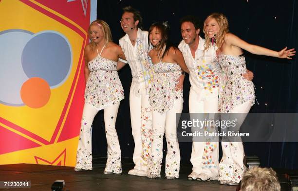 Hi-5 cast members Kellie Hoggart, Timothy Harding, Sun Park, Nathan Foley and Charli Delaney perform at the Powerhouse Museum on June 18, 2006 in...