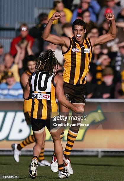 Lance Franklin of the Hawks celebrates a goal during the round 12 AFL match between the Hawthorn Hawks and the Richmond Tigers at Aurora Stadium on...