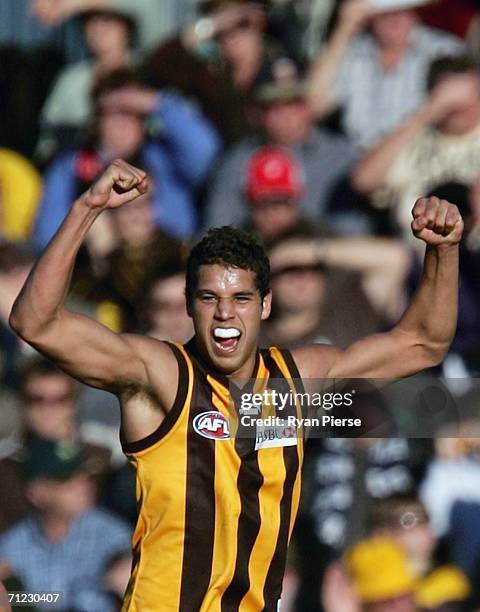 Lance Franklin of the Hawks celebrates a goal during the round 12 AFL match between the Hawthorn Hawks and the Richmond Tigers at Aurora Stadium on...