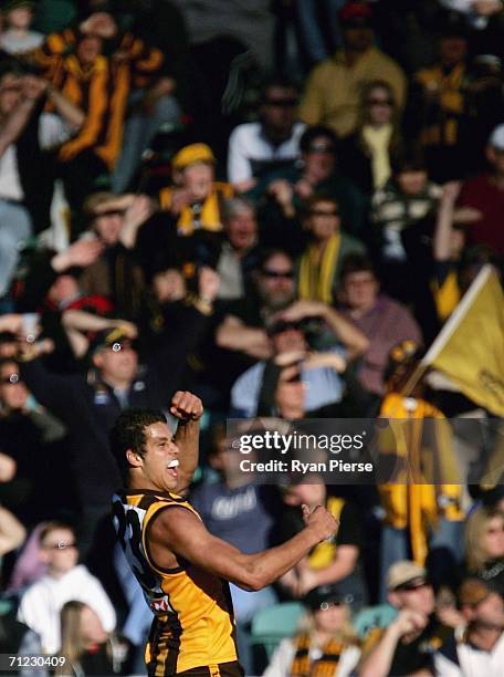 Lance Franklin of the Hawks celebrates a goal during the round 12 AFL match between the Hawthorn Hawks and the Richmond Tigers at Aurora Stadium on...