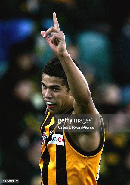 Lance Franklin of the Hawks celebrates a goal during the round 12 AFL match between the Hawthorn Hawks and the Richmond Tigers at Aurora Stadium on...