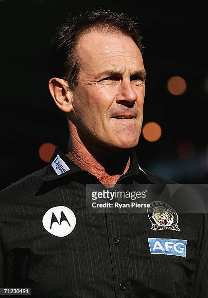 Terry Wallace, coach of the Tigers looks on during the round 12 AFL match between the Hawthorn Hawks and the Richmond Tigers at Aurora Stadium on...
