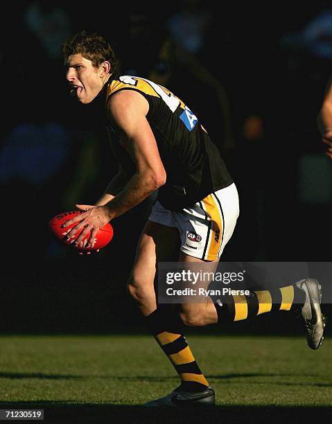 Adam Pattison of the Tigers in action during the round 12 AFL match between the Hawthorn Hawks and the Richmond Tigers at Aurora Stadium on June 18,...