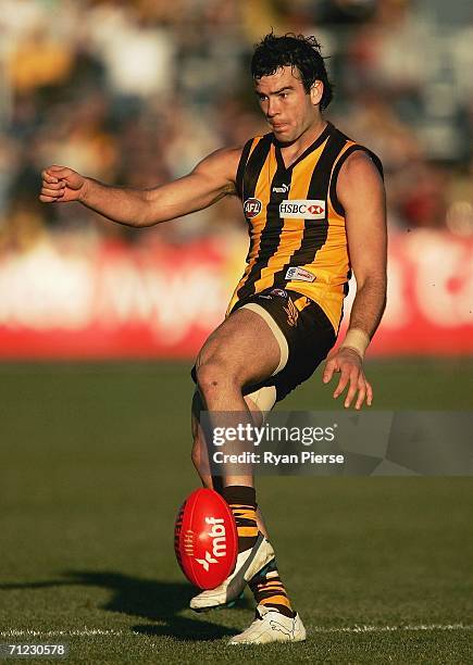 Jordan Lewis of the Hawks kicks during the round 12 AFL match between the Hawthorn Hawks and the Richmond Tigers at Aurora Stadium on June 18, 2006...