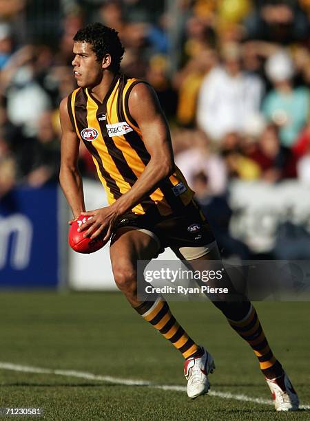 Lance Franklin of the Hawks in action during the round 12 AFL match between the Hawthorn Hawks and the Richmond Tigers at Aurora Stadium on June 18,...