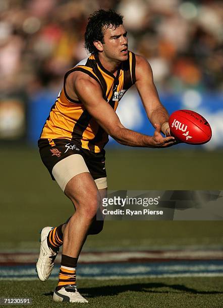 Jordan Lewis of the Hawks in action during the round 12 AFL match between the Hawthorn Hawks and the Richmond Tigers at Aurora Stadium on June 18,...