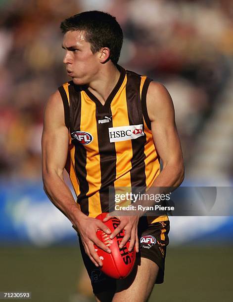 Clinton Young of the Hawks in action during the round 12 AFL match between the Hawthorn Hawks and the Richmond Tigers at Aurora Stadium on June 18,...