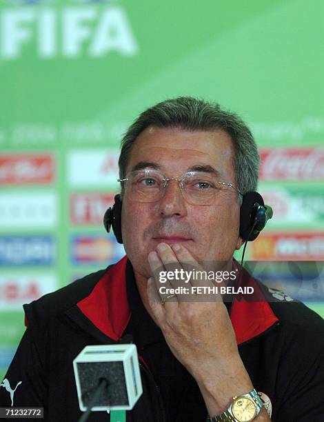 French head coach of the Tunisian team Roger Lemerre gestures at a press conference before a training session at The Gottlieb-Daimler Stadium in...