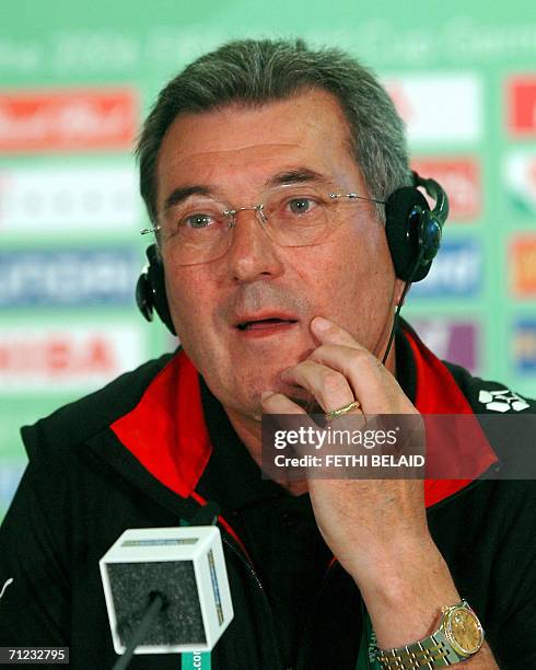 French head coach of the Tunisian team Roger Lemerre gestures at a press conference before a training session at The Gottlieb-Daimler Stadium in...