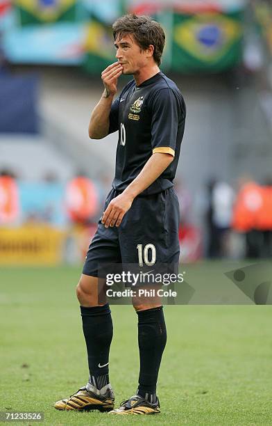 Harry Kewell of Australia looks on during the FIFA World Cup Germany 2006 Group F match between Brazil and Australia at the Stadium Munich on June...