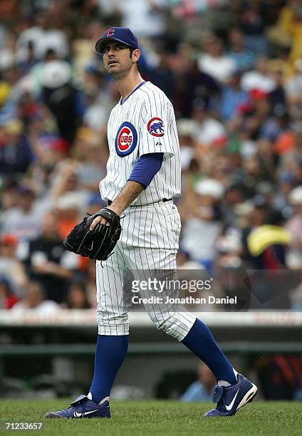 Mark Prior of the Chicago Cubs reacts after giving up a two-run home run to Chris Shelton of the Detroit Tigers in the 1st inning on June 18, 2006 at...