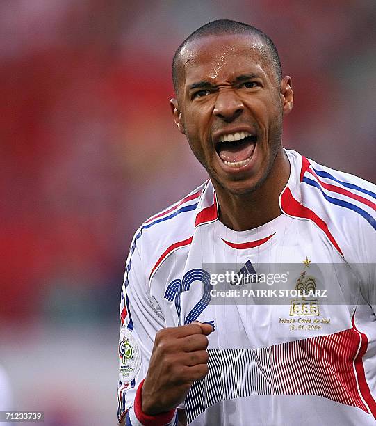 French forward Thierry Henry celabrates after scoring a goal during the World Cup 2006 group G football game France vs. South Korea, 18 June 2006 at...