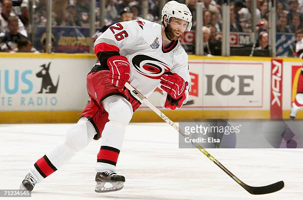 Erik Cole of the Carolina Hurricanes skates against the Edmonton Oilers during game six of the 2006 NHL Stanley Cup Finals on June 17, 2006 at Rexall...