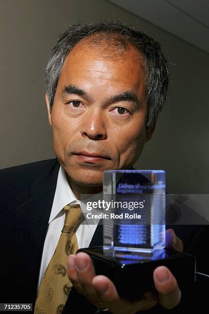 Professor Shuji Nakamura holds a display with a blue-light emitting diode on June 18, 2006 in Santa Barbara, California. Nakamura has been awarded...