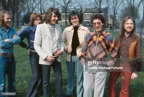 British rock group Procol Harum posed together in England in 1974. Left to right: bassist Alan Cartwright, guitarist Chris Copping, drummer B.J....