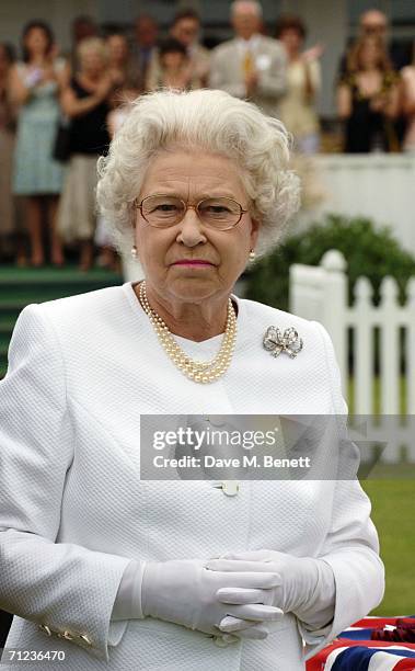 Queen Elizabeth II attends The Queen's Cup final at the Guards Polo Club on June 18, 2006 in Windsor, England. The Surrey major polo tournament,...