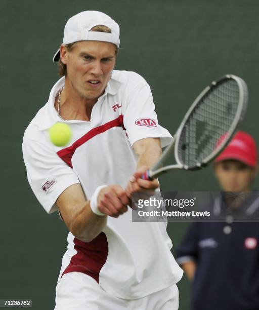 Andreas Seppi of Italy in action against Stanislas Wawrinka of Switzerland during the first round of the Red Letter Days Open at The Nottingham...