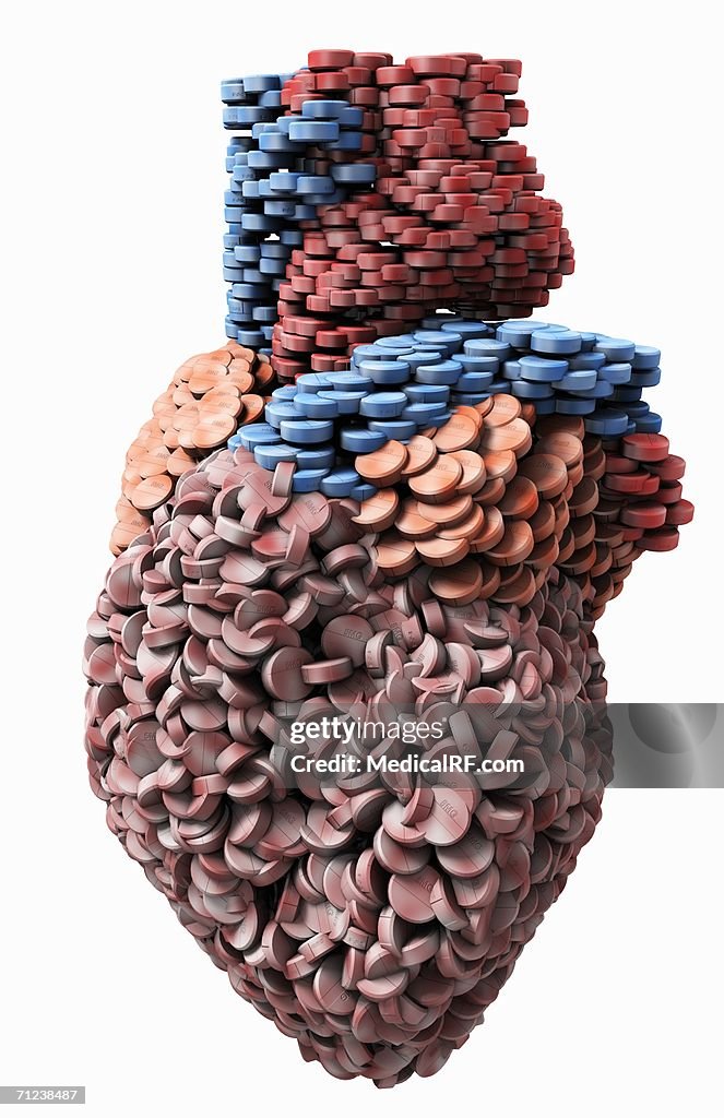 Multiple pills forming a human heart.