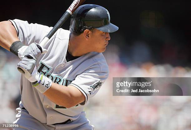 Miguel Cabrera of the Florida Marlins stands ready at bat during the game against of the San Francisco Giants at AT&T Park on June 7th, 2006 in San...