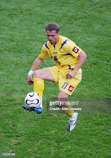 Serhiy Rebrov of Ukraine controls the ball during the FIFA World Cup Germany 2006 Group H match between Saudi Arabia and Ukraine played at the...