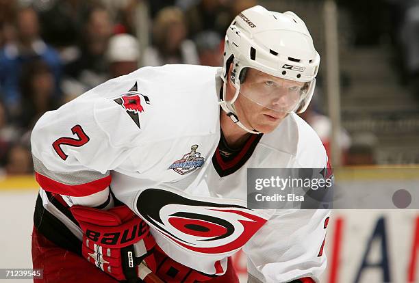 Glen Wesley of the Carolina Hurricanes prepares for play against the Edmonton Oilers during game six of the 2006 NHL Stanley Cup Finals on June 17,...