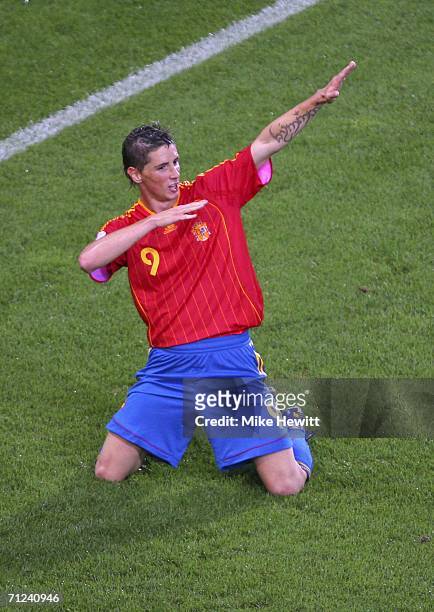 Fernando Torres of Spain celebrates, after scoring his team's second goal during the FIFA World Cup Germany 2006 Group H match between Spain and...