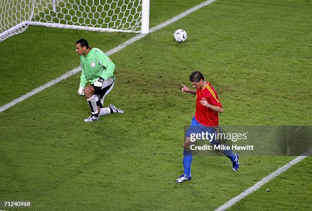 Fernando Torres of Spain celebrates, after scoring his team's second goal past Goalkeeper Ali Boumnijel of Tunisia during the FIFA World Cup Germany...