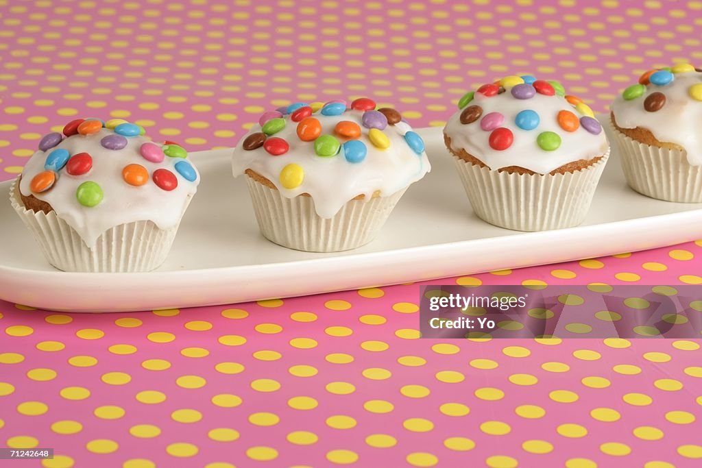 Muffins on a plate in a row